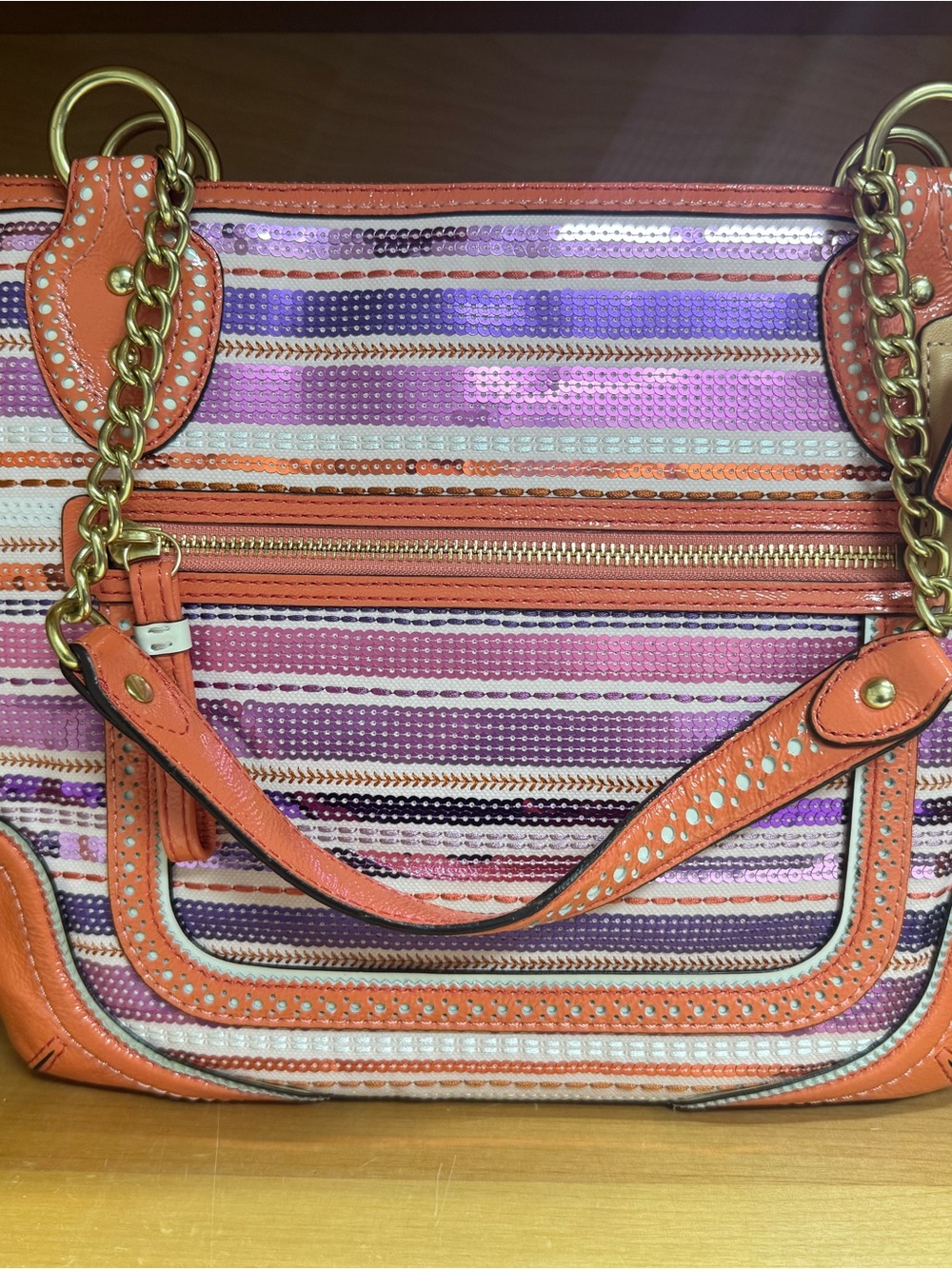 Coach 23843 Poppy Coral and Purple Striped Sequence Women’s Tote Bag